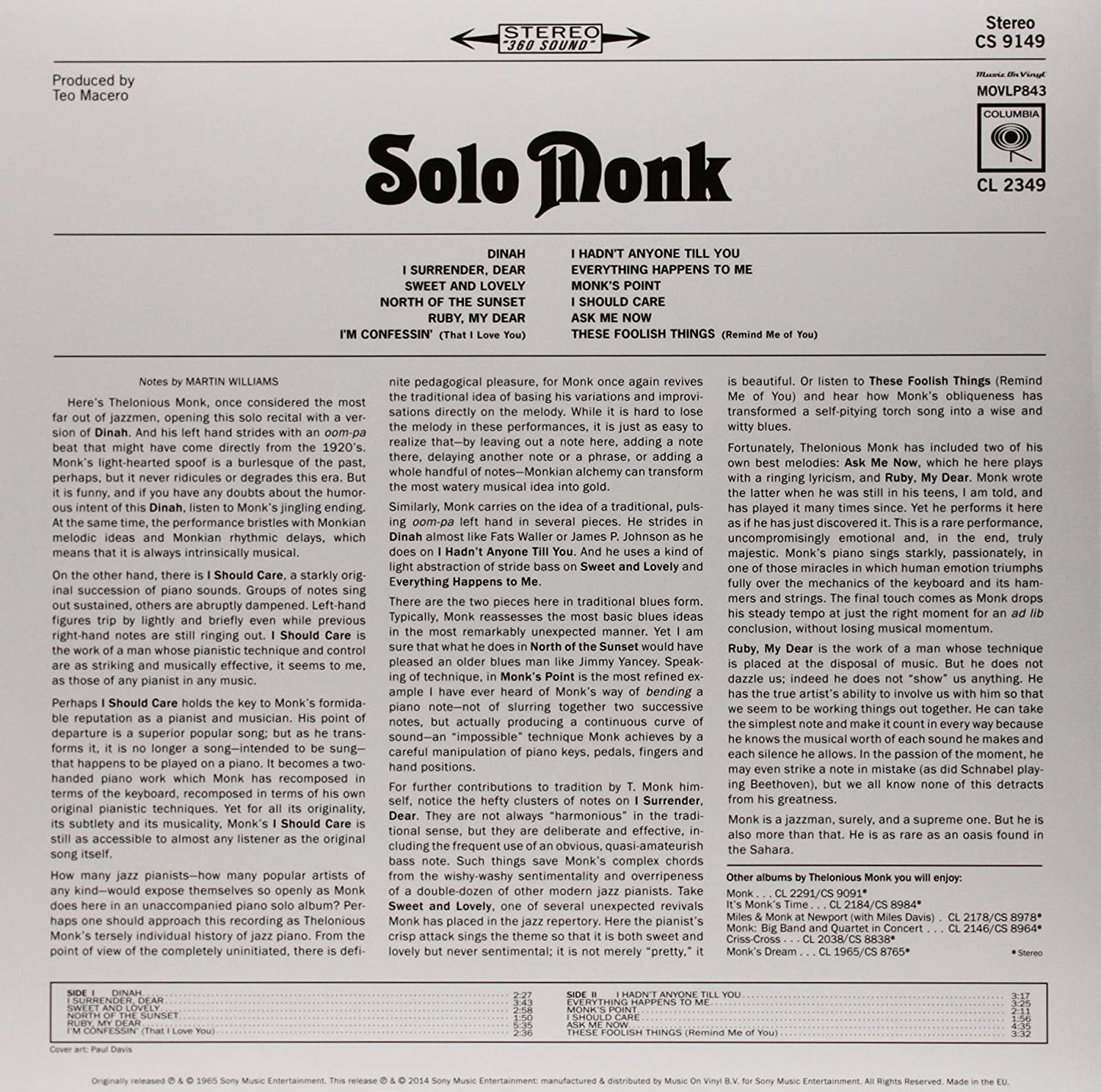 Monk, Thelonious/Solo Monk (Audiophile Pressing) [LP]